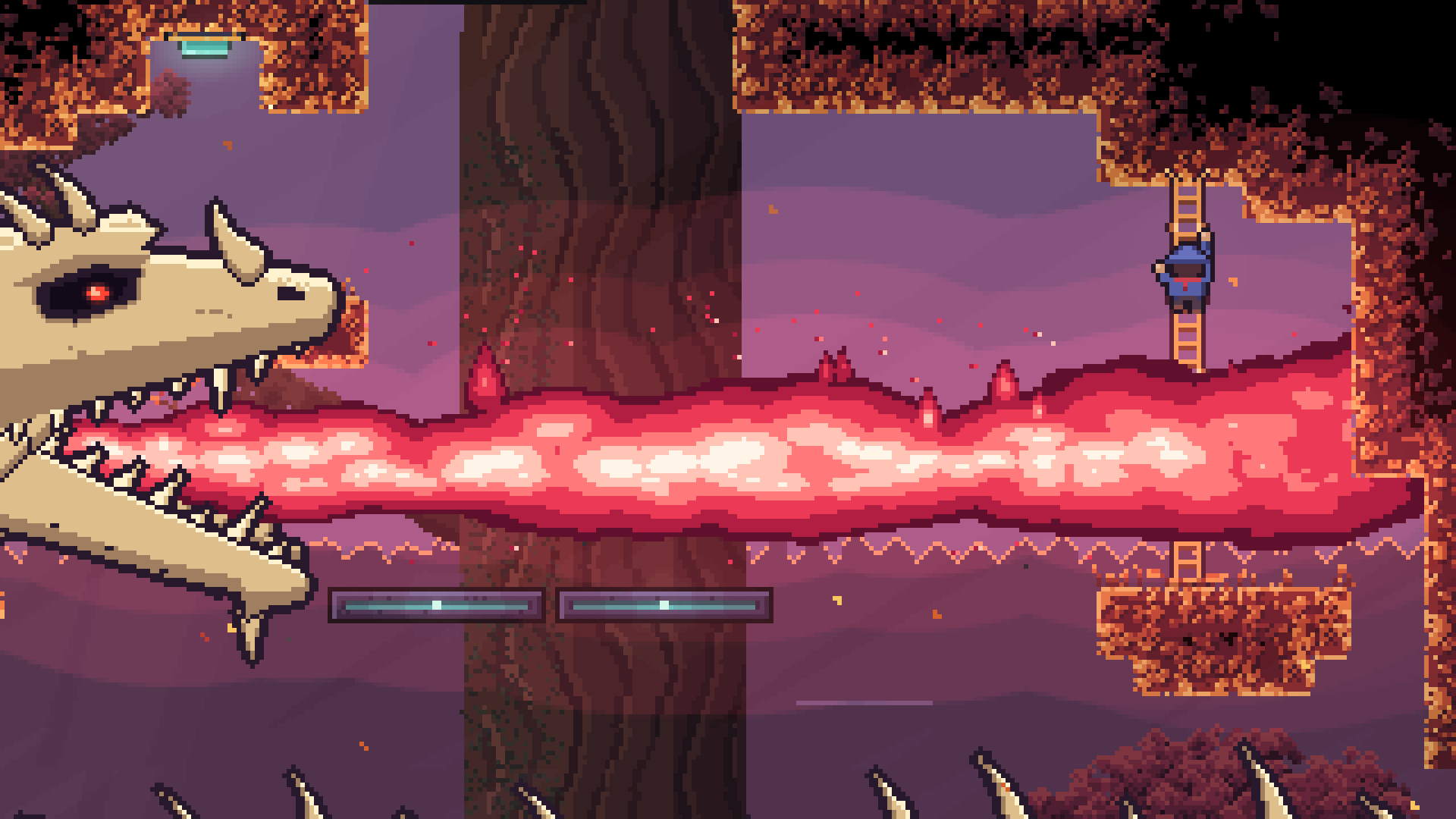 A skeletal dragon breathes a river of red fire beneath Ladderman as he climbs his ladder.