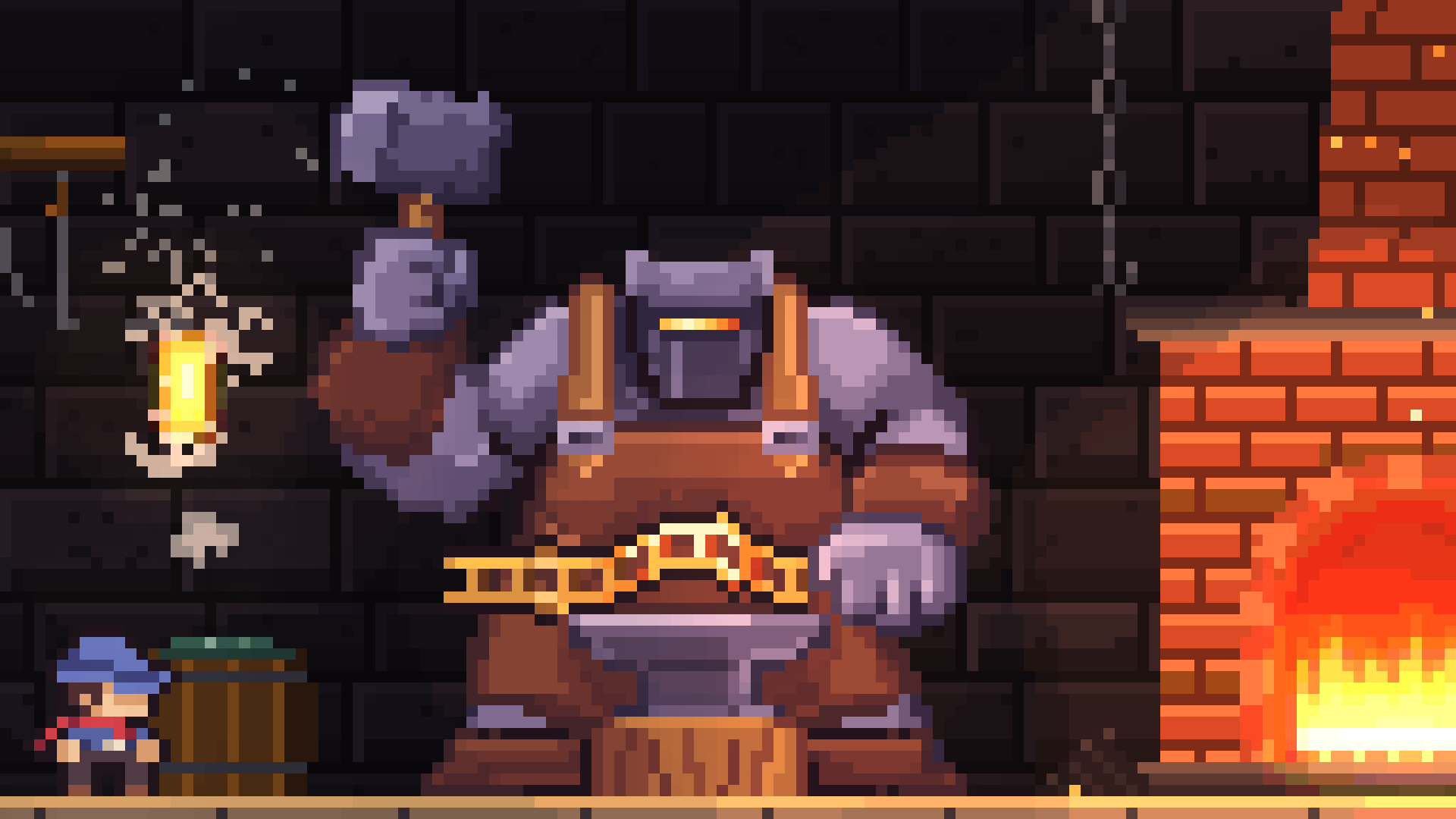 A huge armoured forgemaster bends Ladderman’s ladder over an anvil beside a roaring forge.