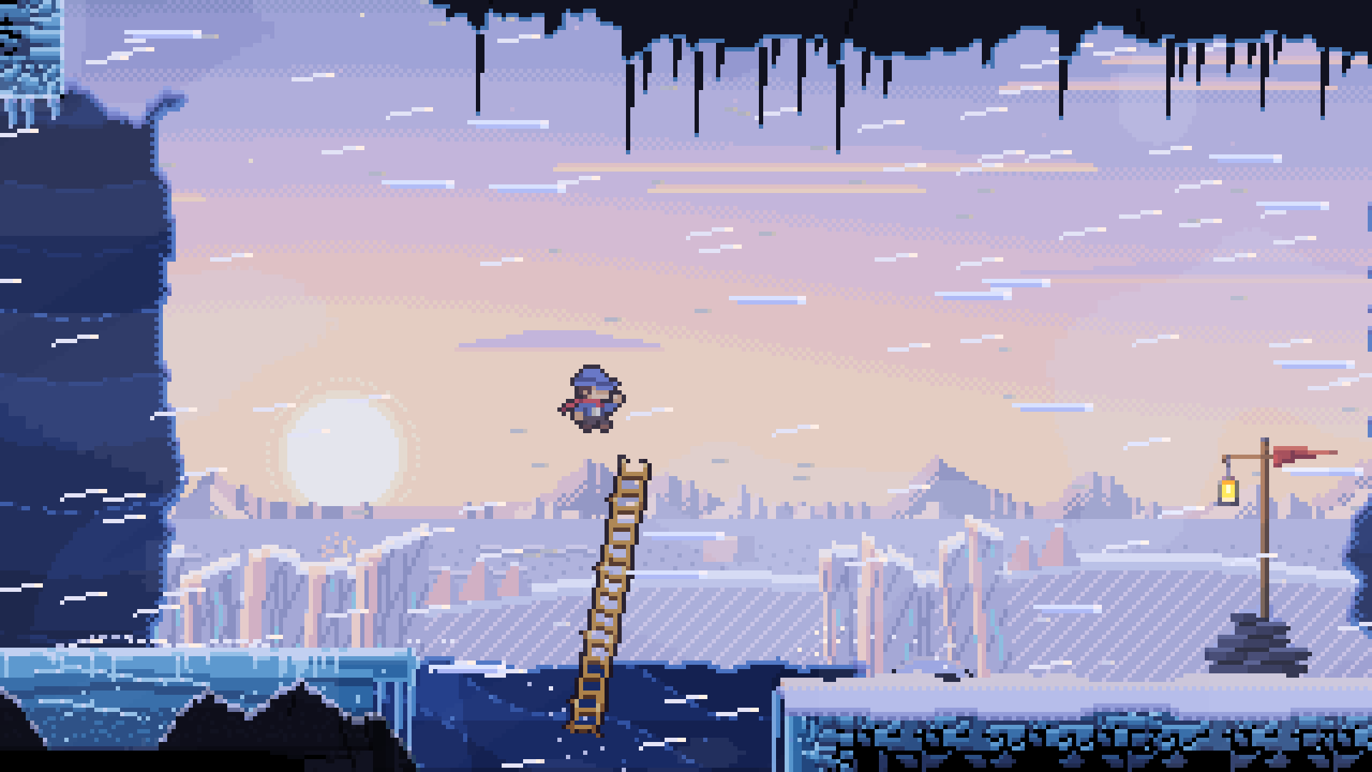 Ladderman leaps from his ladder over icy water toward a lantern on a frozen shore at sunrise.