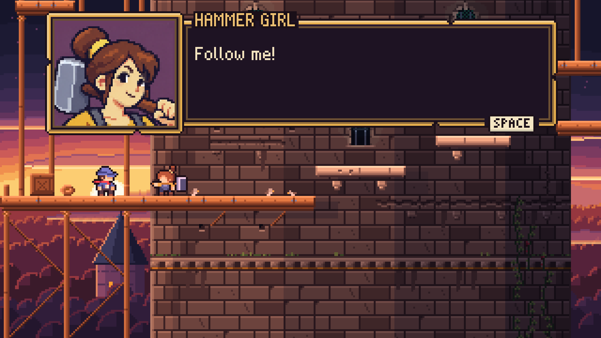 Hammer Girl tells Ladderman “Follow me!” on wooden scaffolding beside a stone tower at sunset.