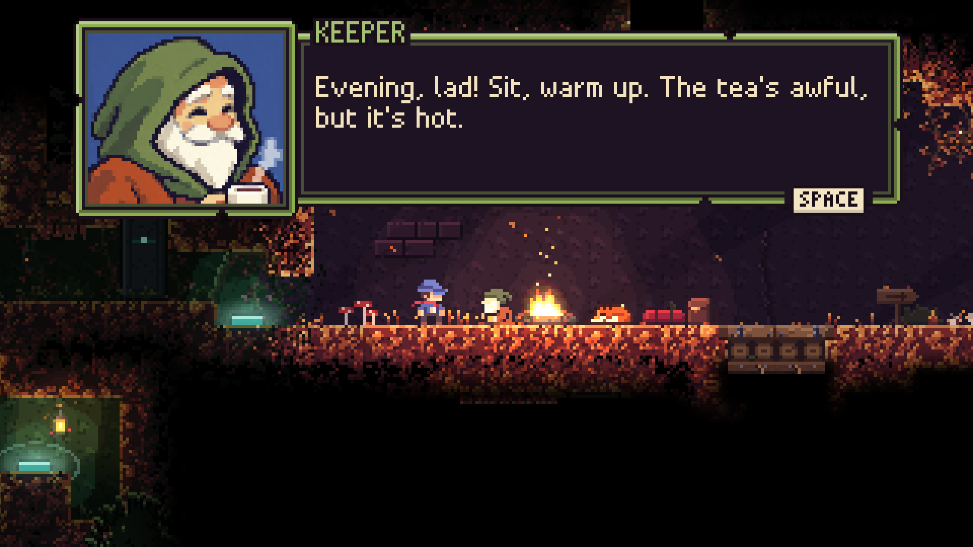 The hooded Keeper greets Ladderman at a campfire: “Evening, lad! Sit, warm up. The tea’s awful, but it’s hot.”