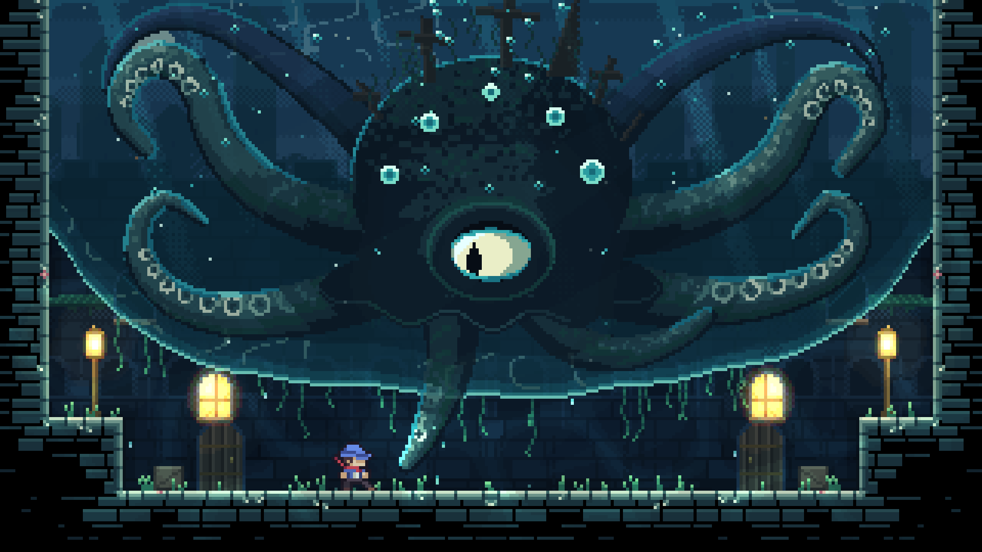 A gigantic one-eyed octopus looms over Ladderman in a flooded temple.