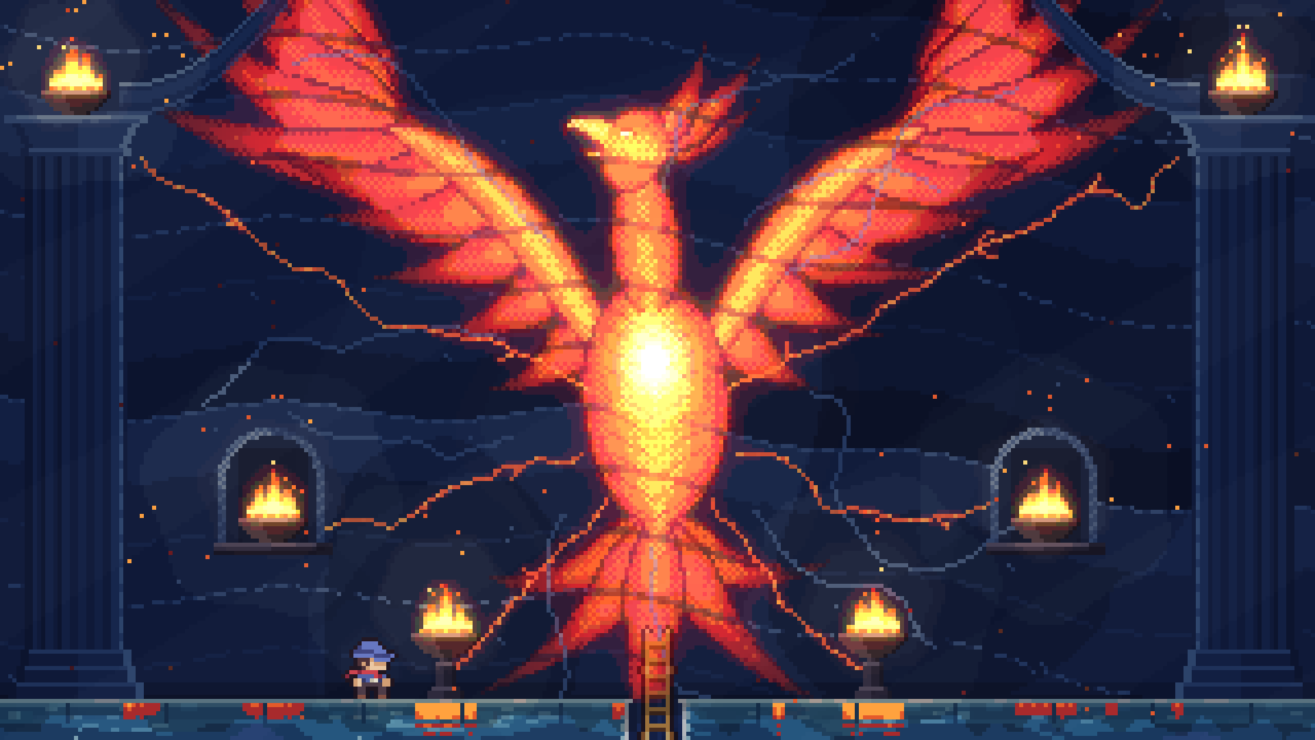 A blazing phoenix spreads its wings over Ladderman in a temple of braziers.