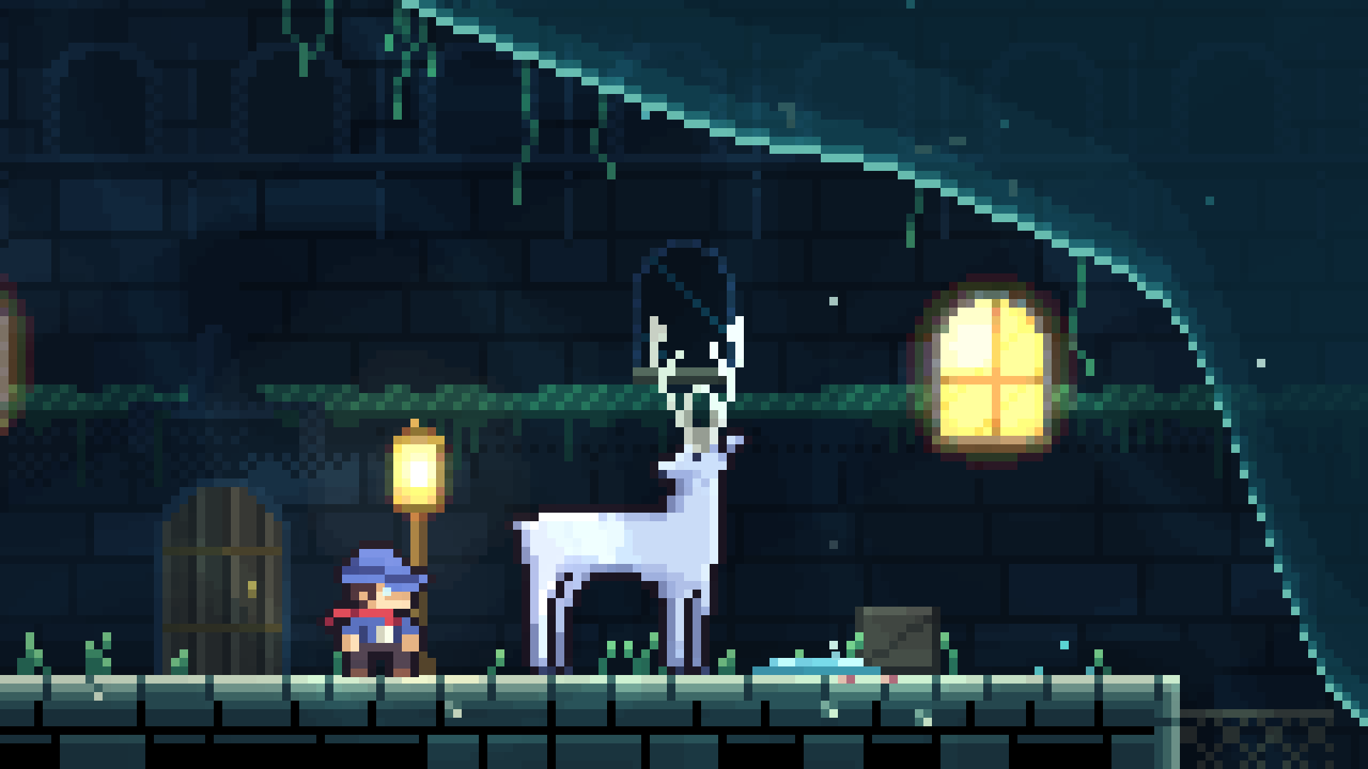 A glowing white stag watches Ladderman in a mossy stone hall lit by lanterns.